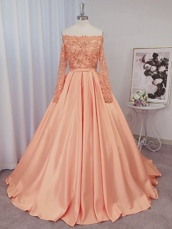 Ball Gown Satin Long Sleeves Beading Off-the-Shoulder Court Train Dresses 5679