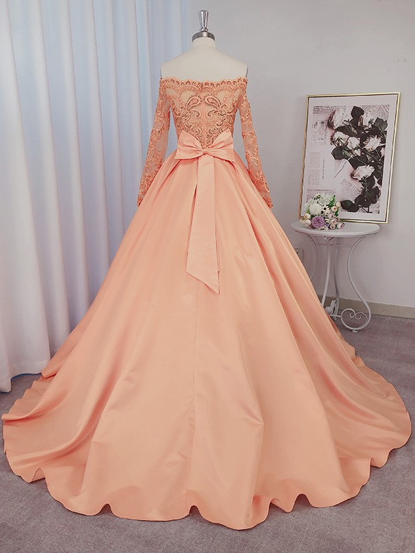 Ball Gown Satin Long Sleeves Beading Off-the-Shoulder Court Train Dresses 5679