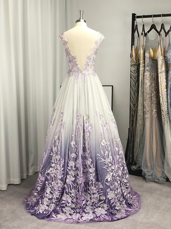 A-Line/Princess V-neck Tulle Applique Sleeveless Floor-Length Dresses 5588