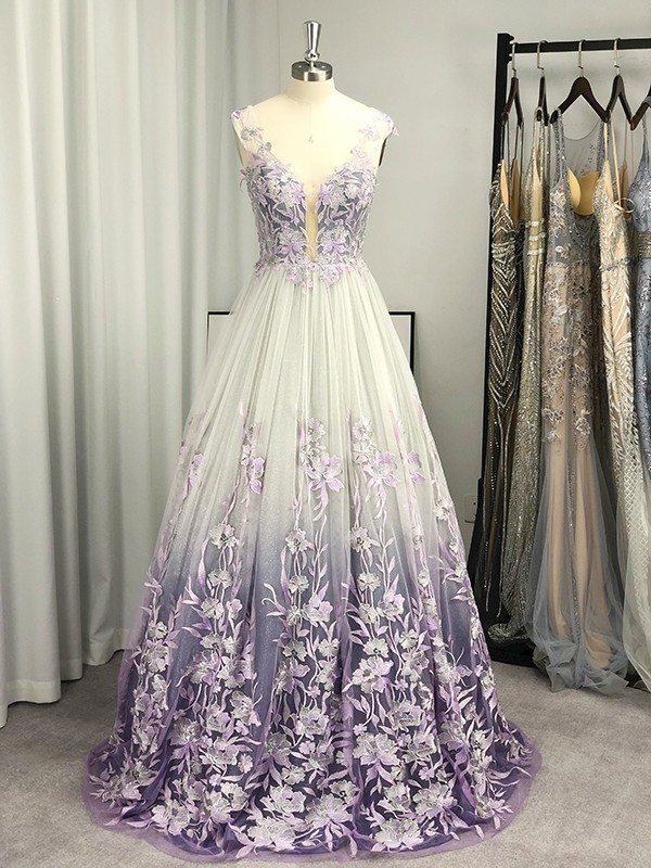 A-Line/Princess V-neck Tulle Applique Sleeveless Floor-Length Dresses 5588