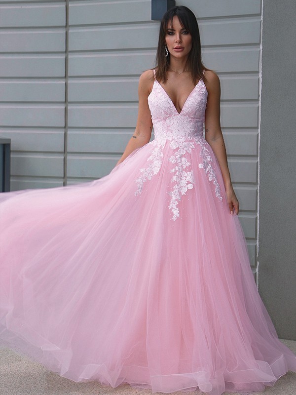 A-Line/Princess Tulle V-neck Applique Sleeveless Floor-Length Dresses 5416