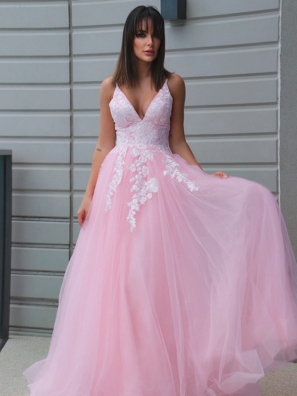 A-Line/Princess Tulle V-neck Applique Sleeveless Floor-Length Dresses 5416