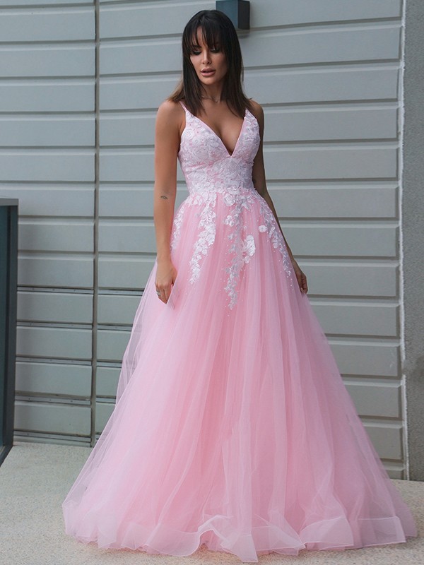 A-Line/Princess Tulle V-neck Applique Sleeveless Floor-Length Dresses 5416