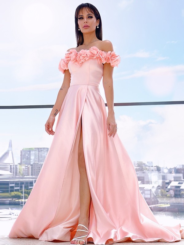 A-Line/Princess Satin Off-the-Shoulder Sleeveless Hand-Made Flower Sweep/Brush Train Dresses 4119