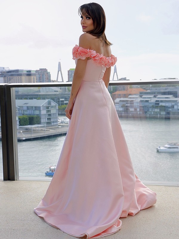 A-Line/Princess Satin Off-the-Shoulder Sleeveless Hand-Made Flower Sweep/Brush Train Dresses 4119