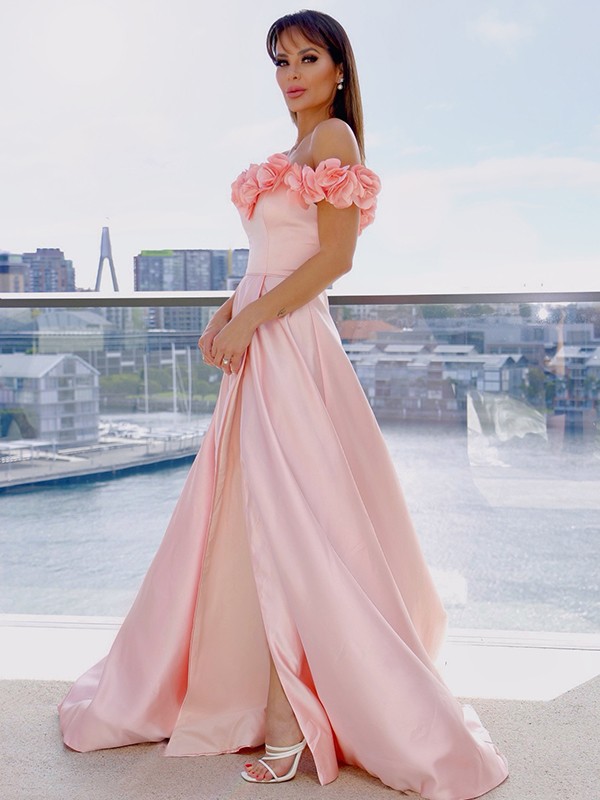 A-Line/Princess Satin Off-the-Shoulder Sleeveless Hand-Made Flower Sweep/Brush Train Dresses 4119