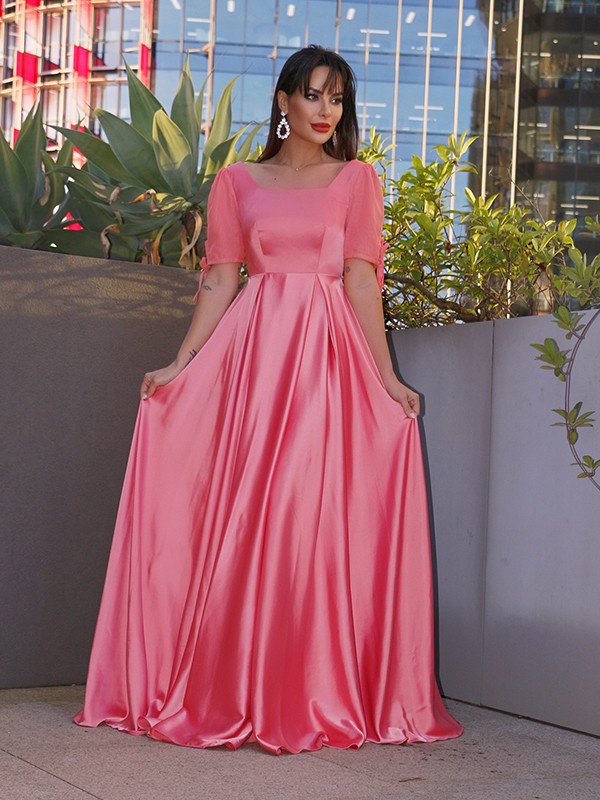 A-Line/Princess Square 1/2 Sleeves Elastic Woven Satin Ruffles Floor-Length Dresses 4737