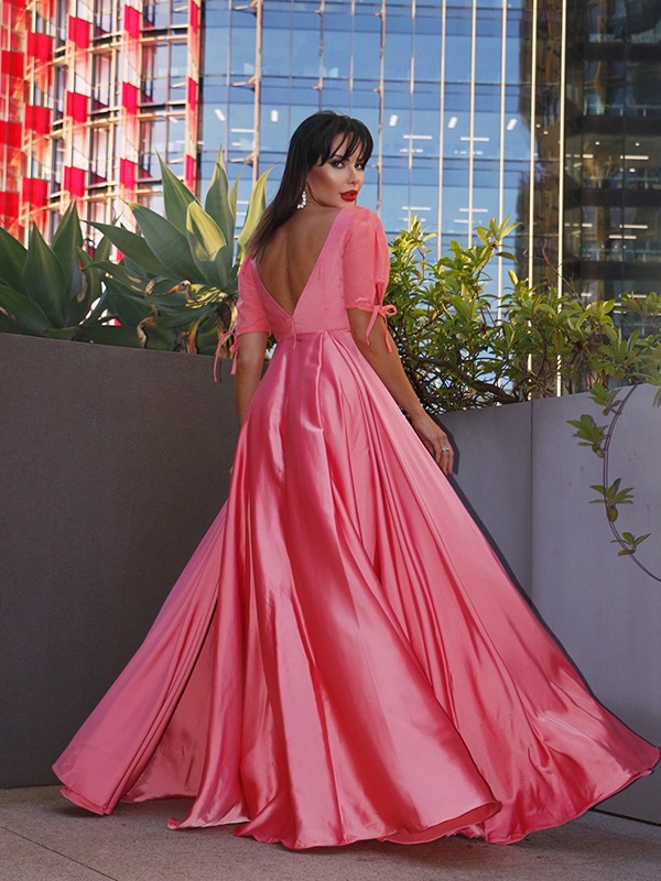 A-Line/Princess Square 1/2 Sleeves Elastic Woven Satin Ruffles Floor-Length Dresses 4737