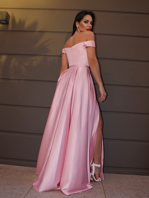 A-Line/Princess Off-the-Shoulder Sleeveless Ruffles Charmeuse Sweep/Brush Train Dresses 3817