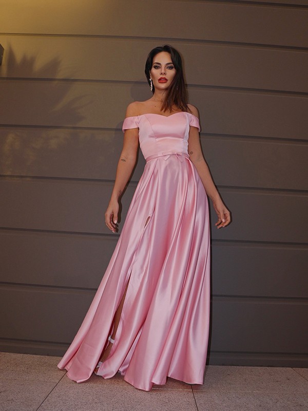 A-Line/Princess Off-the-Shoulder Sleeveless Ruffles Charmeuse Sweep/Brush Train Dresses 3817