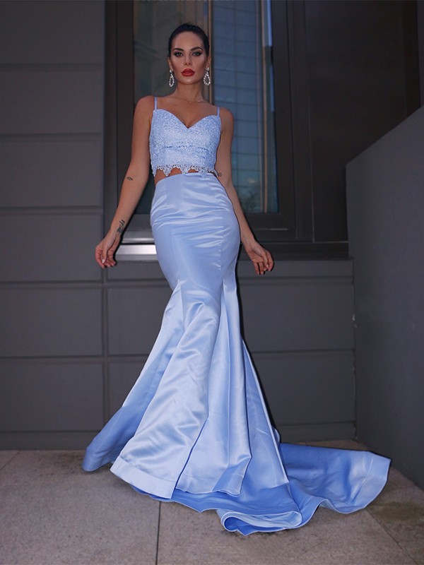 Trumpet/Mermaid Satin Lace V-neck Sleeveless Sweep/Brush Train Two Piece Dresses 7216