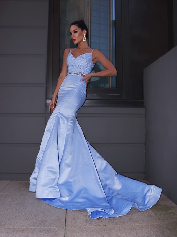 Trumpet/Mermaid Satin Lace V-neck Sleeveless Sweep/Brush Train Two Piece Dresses 7216