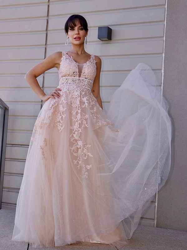 A-Line/Princess Tulle Applique Scoop Sleeveless Sweep/Brush Train Dresses 5165