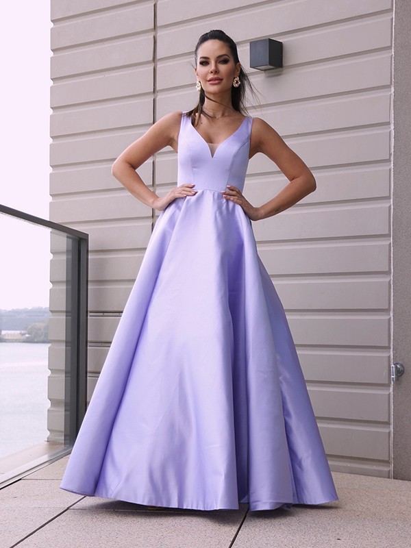 A-Line/Princess Satin Ruffles V-neck Sleeveless Floor-Length Dresses 4224