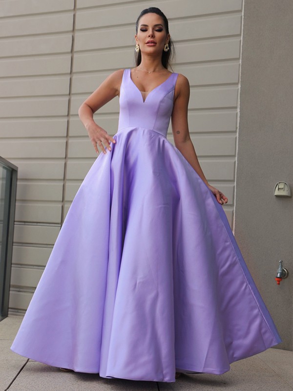 A-Line/Princess Satin Ruffles V-neck Sleeveless Floor-Length Dresses 4224