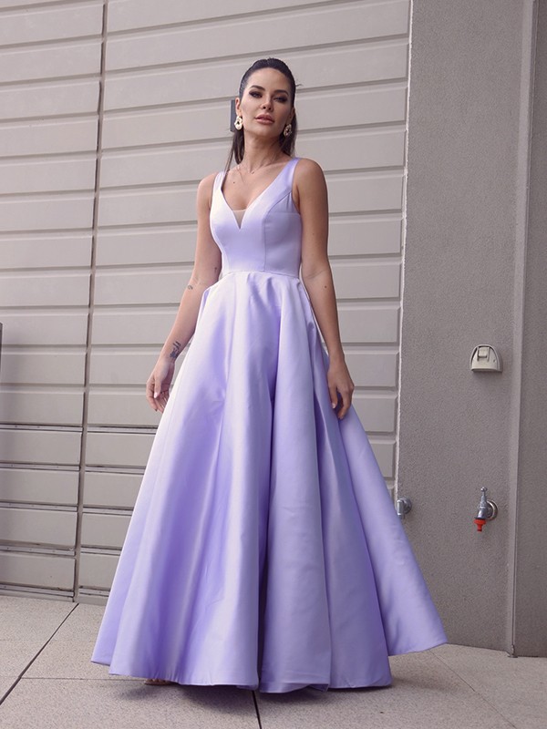 A-Line/Princess Satin Ruffles V-neck Sleeveless Floor-Length Dresses 4224