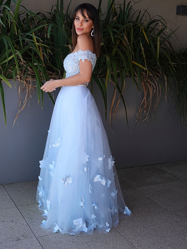 A-Line/Princess Tulle Applique Sleeveless Off-the-Shoulder Floor-Length Two Piece Dresses 5169