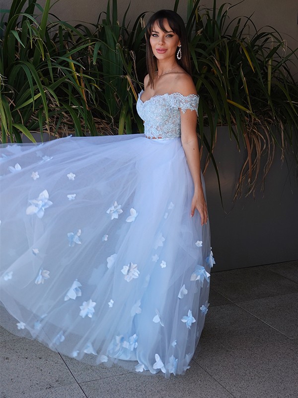 A-Line/Princess Tulle Applique Sleeveless Off-the-Shoulder Floor-Length Two Piece Dresses 5169