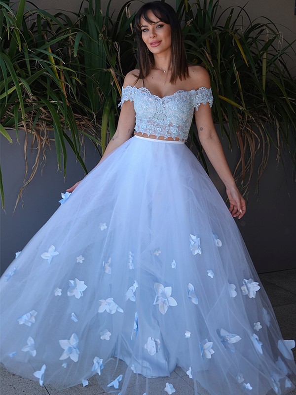 A-Line/Princess Tulle Applique Sleeveless Off-the-Shoulder Floor-Length Two Piece Dresses 5169