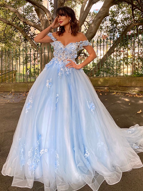 Ball Gown Tulle Applique Off-the-Shoulder Sleeveless Sweep/Brush Train Dresses 5782