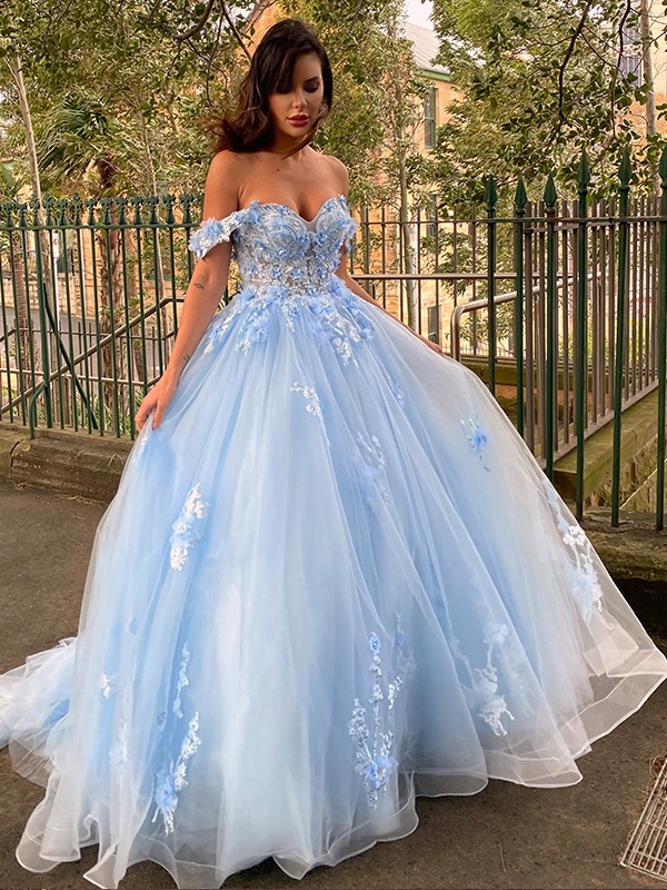 Ball Gown Tulle Applique Off-the-Shoulder Sleeveless Sweep/Brush Train Dresses 5782