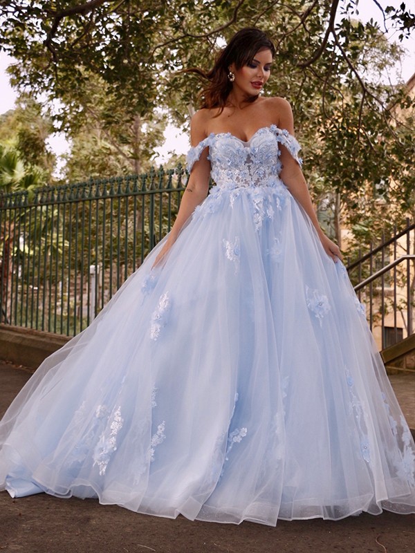 Ball Gown Tulle Applique Off-the-Shoulder Sleeveless Sweep/Brush Train Dresses 5782