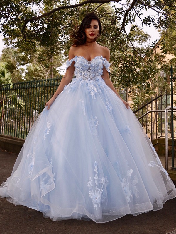 Ball Gown Tulle Applique Off-the-Shoulder Sleeveless Sweep/Brush Train Dresses 5782