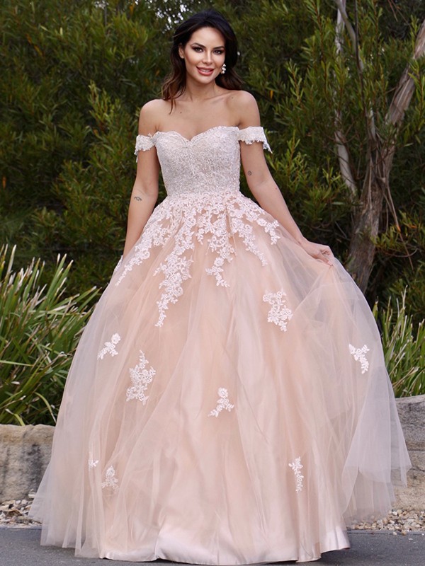 A-Line/Princess Tulle Applique Off-the-Shoulder Sleeveless Floor-Length Dresses 5144