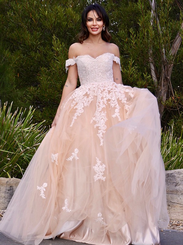 A-Line/Princess Tulle Applique Off-the-Shoulder Sleeveless Floor-Length Dresses 5144