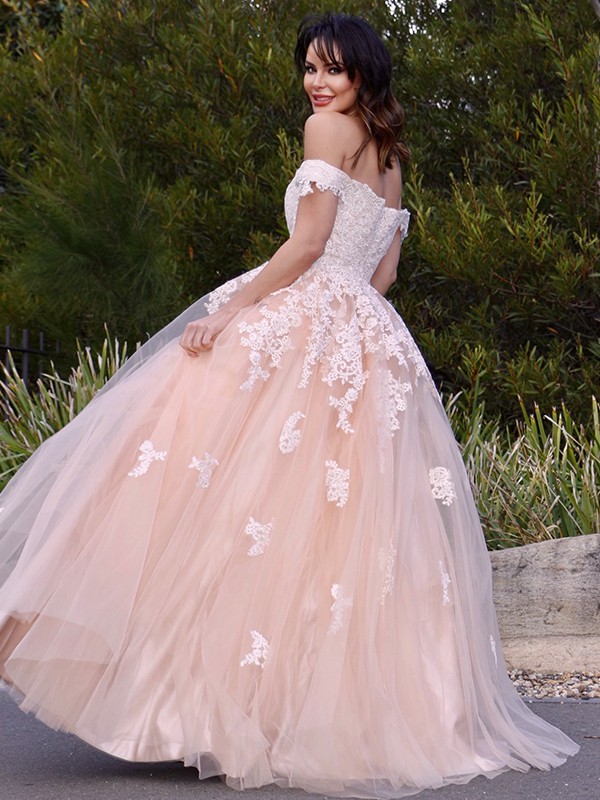 A-Line/Princess Tulle Applique Off-the-Shoulder Sleeveless Floor-Length Dresses 5144