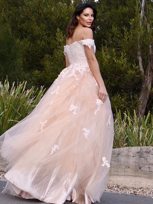 A-Line/Princess Tulle Applique Off-the-Shoulder Sleeveless Floor-Length Dresses 5144