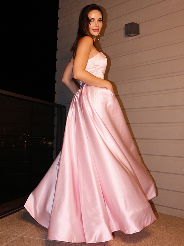 A-Line/Princess Satin Ruffles Sleeveless Strapless Floor-Length Dresses 4179