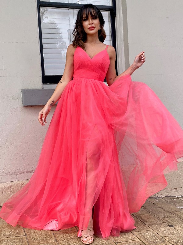 A-Line/Princess Tulle Ruffles V-neck Sleeveless Sweep/Brush Train Dresses 5392