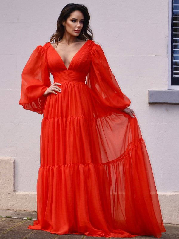 A-Line/Princess V-neck Long Sleeves 30D Chiffon Ruffles Sweep/Brush Train Dresses 5461