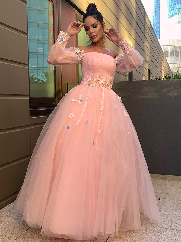 Ball Gown Hand-Made Flower Tulle Long Sleeves Off-the-Shoulder Floor-Length Dresses 5627