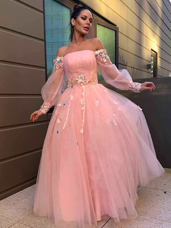 Ball Gown Hand-Made Flower Tulle Long Sleeves Off-the-Shoulder Floor-Length Dresses 5627