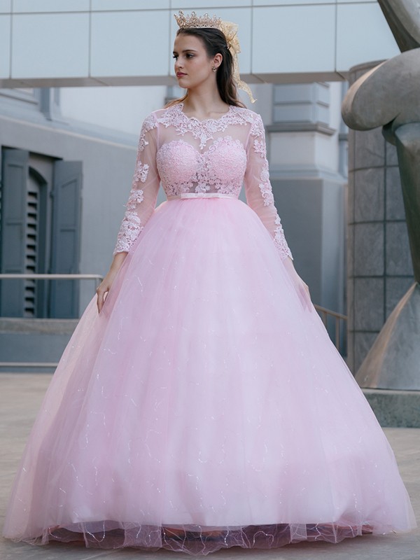 Ball Gown Tulle Scoop Lace Long Sleeves Sweep/Brush Train Dresses 5800