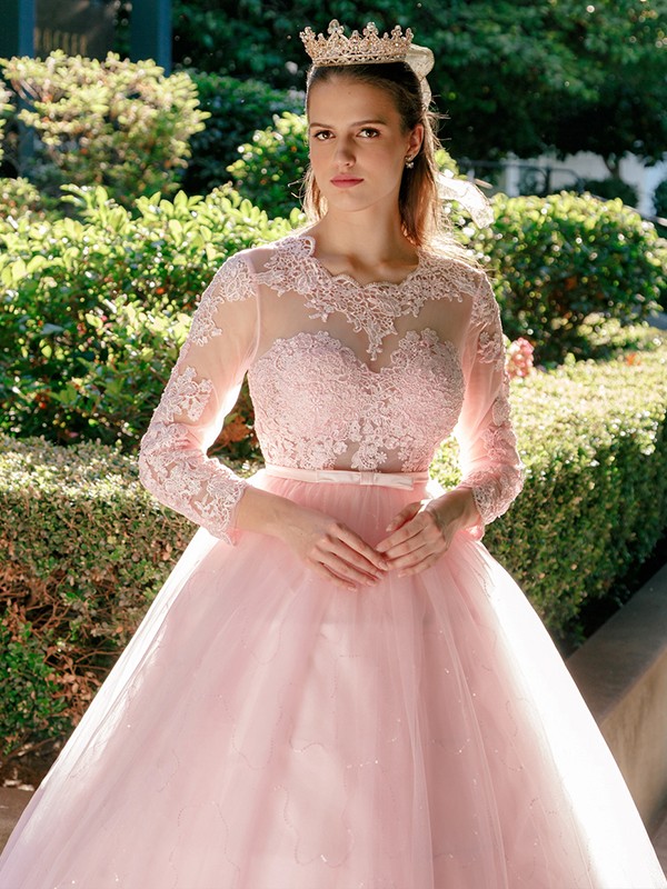 Ball Gown Tulle Scoop Lace Long Sleeves Sweep/Brush Train Dresses 5800