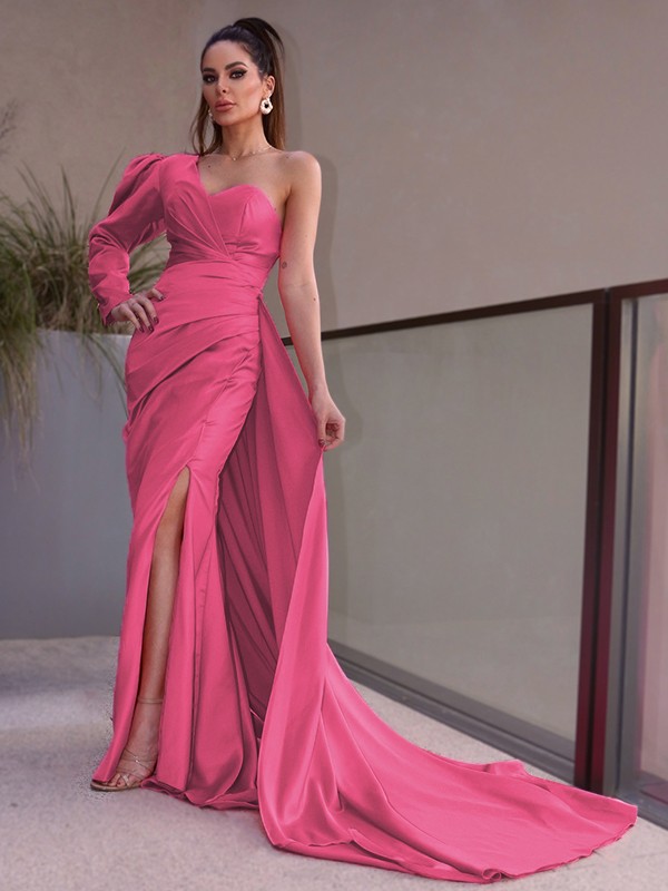 Sheath/Column One-Shoulder Long Sleeves Ruched Charmeuse Sweep/Brush Train Dresses 6167