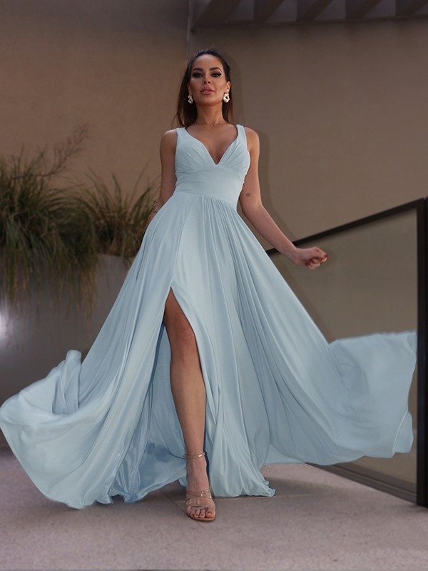 A-Line/Princess Ruffles Jersey V-neck Sleeveless Floor-Length Dresses 3990