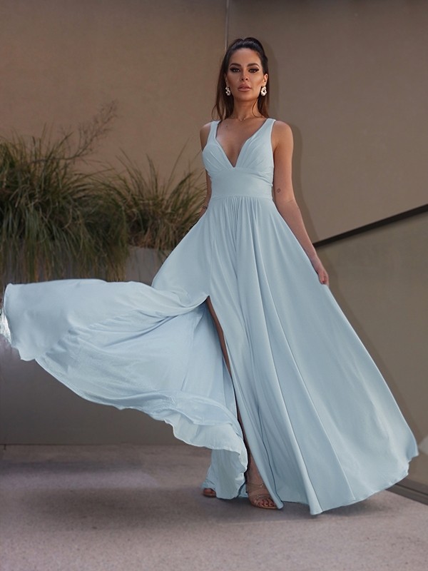 A-Line/Princess Ruffles Jersey V-neck Sleeveless Floor-Length Dresses 3990