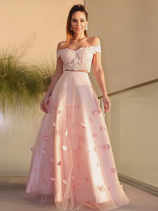 A-Line/Princess Tulle Hand-Made Flower Off-the-Shoulder Sleeveless Floor-Length Two Piece Dresses 5305