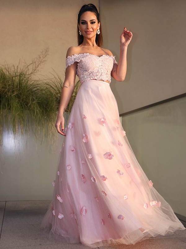 A-Line/Princess Tulle Hand-Made Flower Off-the-Shoulder Sleeveless Floor-Length Two Piece Dresses 5305