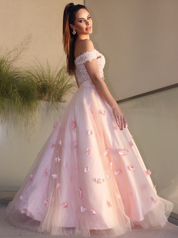 A-Line/Princess Tulle Hand-Made Flower Off-the-Shoulder Sleeveless Floor-Length Two Piece Dresses 5305