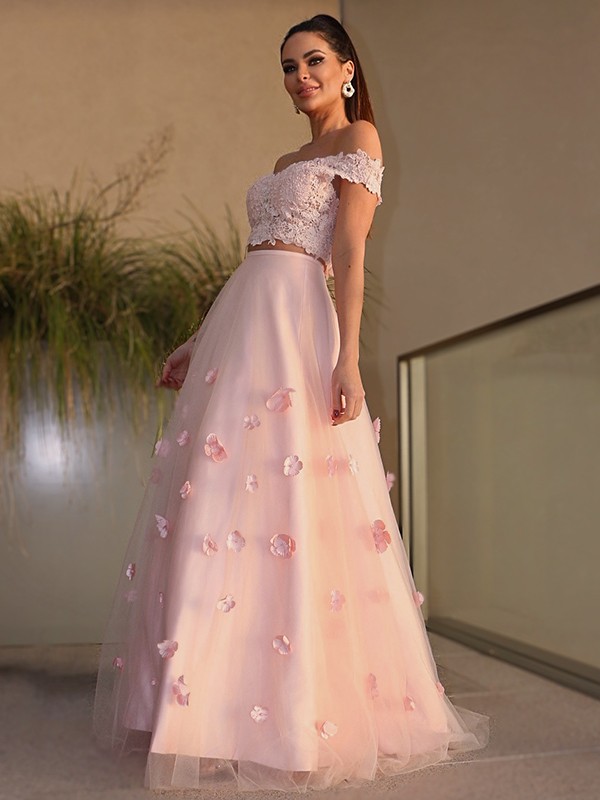 A-Line/Princess Tulle Hand-Made Flower Off-the-Shoulder Sleeveless Floor-Length Two Piece Dresses 5305