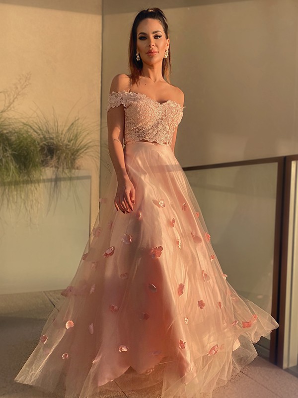 A-Line/Princess Tulle Hand-Made Flower Off-the-Shoulder Sleeveless Floor-Length Two Piece Dresses 5305