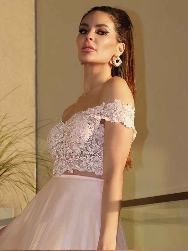 A-Line/Princess Tulle Hand-Made Flower Off-the-Shoulder Sleeveless Floor-Length Two Piece Dresses 5305