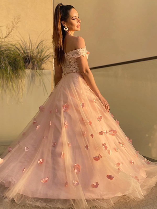 A-Line/Princess Tulle Hand-Made Flower Off-the-Shoulder Sleeveless Floor-Length Two Piece Dresses 5305