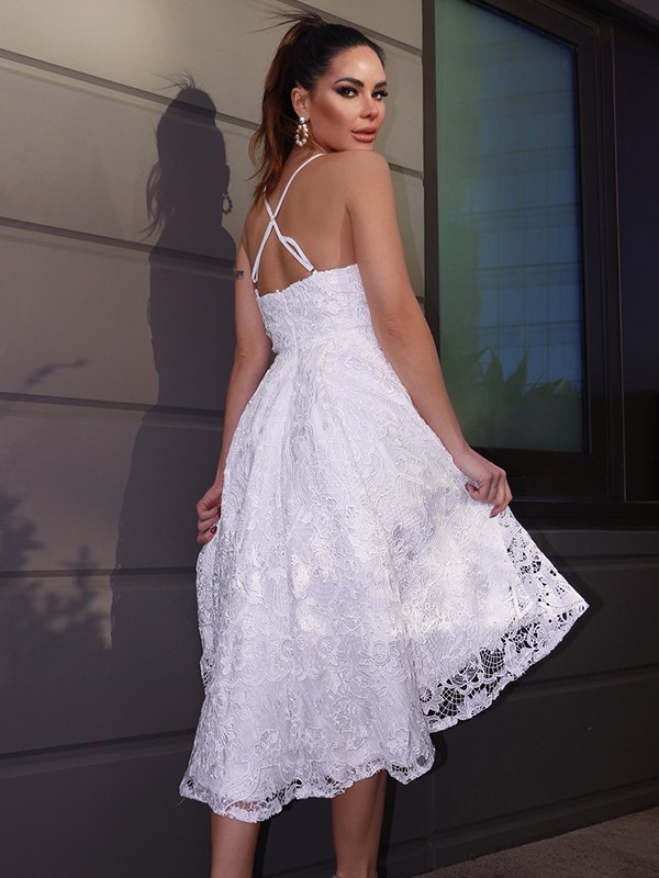 A-Line/Princess Sweetheart Lace Ruffles Sleeveless Asymmetrical Homecoming Dresses 4971