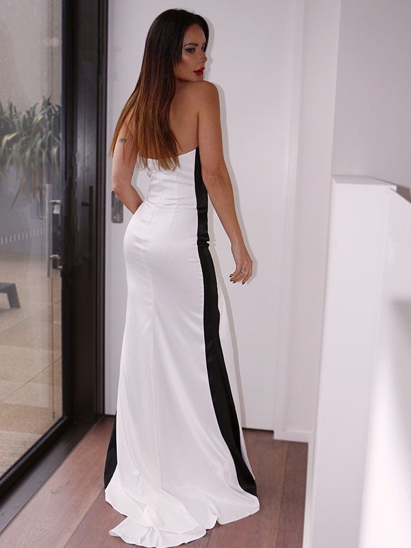 Sheath/Column Elastic Woven Satin Ruched Strapless Sleeveless Sweep/Brush Train Dresses 6316